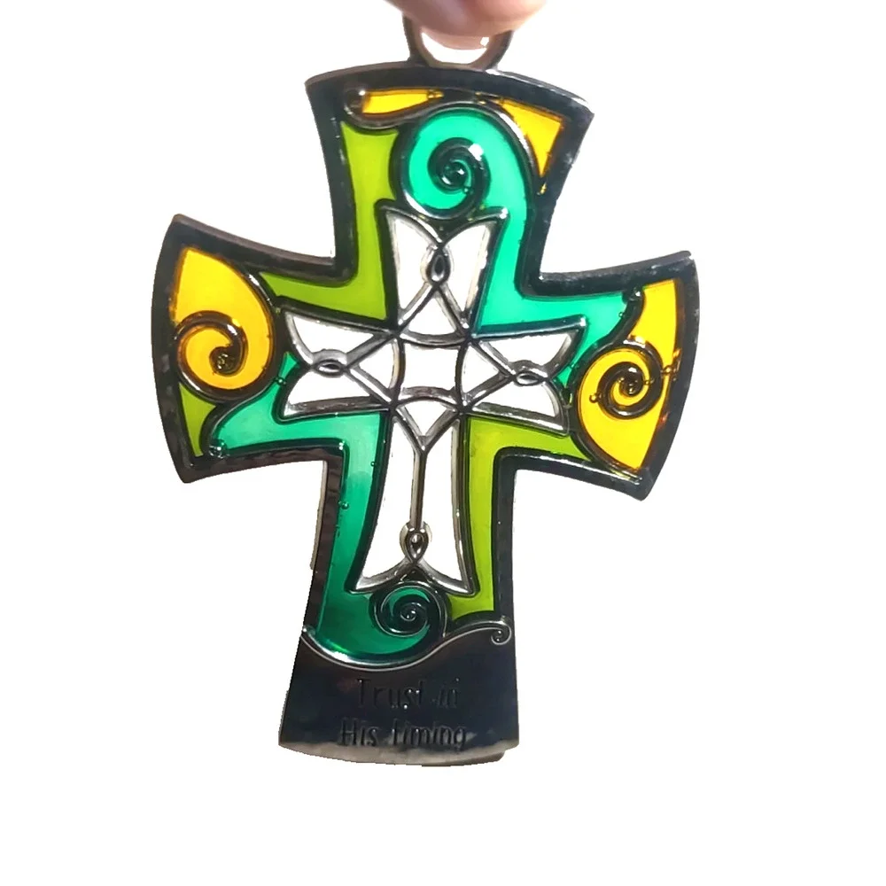 Trust In His Timing Cross Pendant Faux Stain Glass